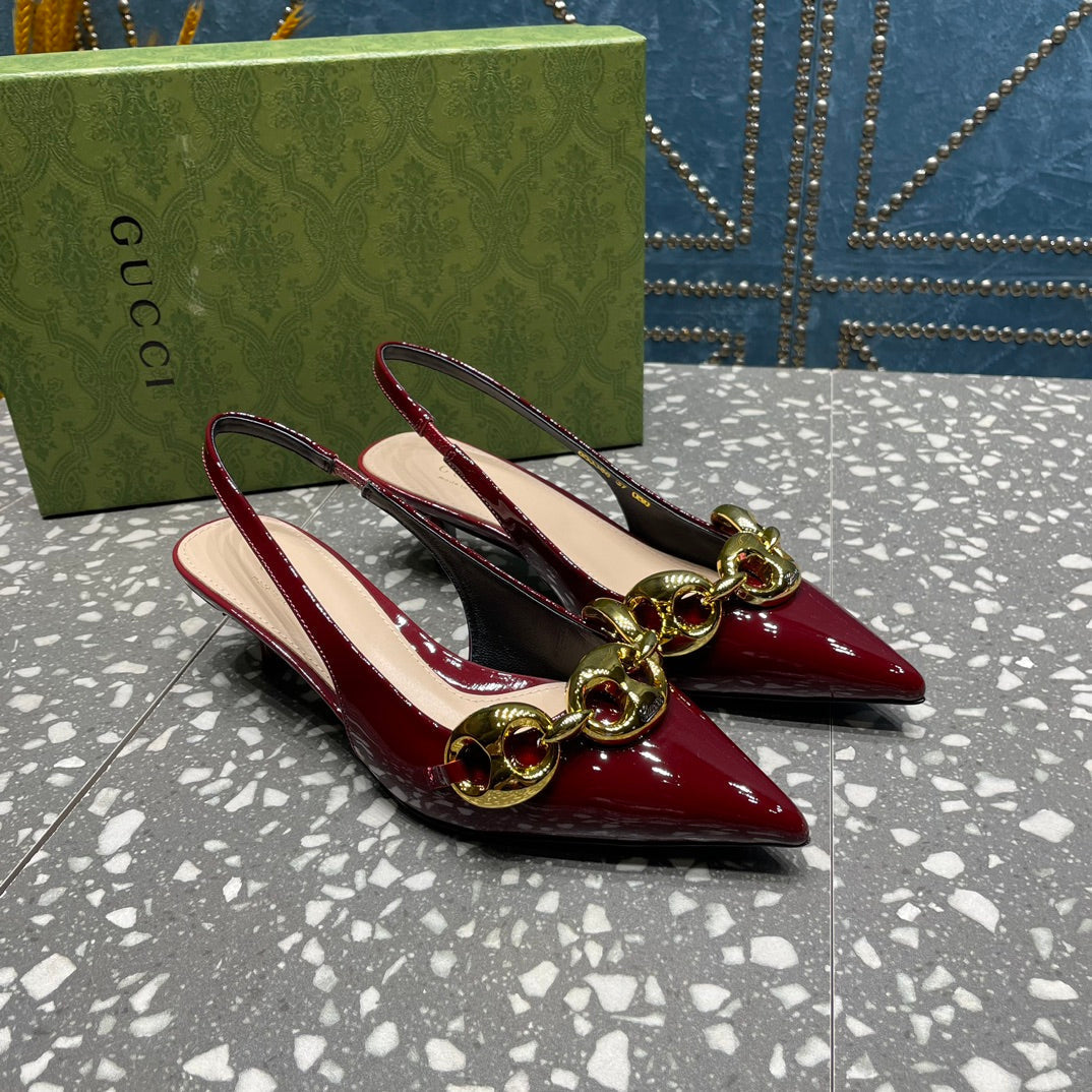 GUCCI WOMEN'S SLINGBACK 45MM IN GARNET RED CALFSKIN WITH GOLD HARDWARE