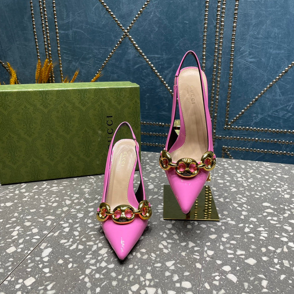 GUCCI WOMEN'S SLINGBACK 10.5 CM IN FUSCIA PINK CALFSKIN WITH GOLD HARDWARE