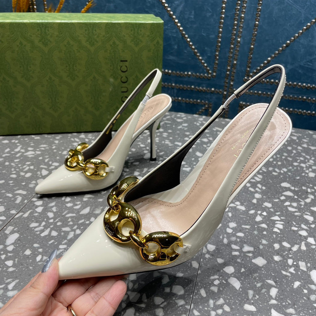 GUCCI WOMEN'S SLINGBACK 10.5 CM IN WHITE CALFSKIN WITH GOLD HARDWARE