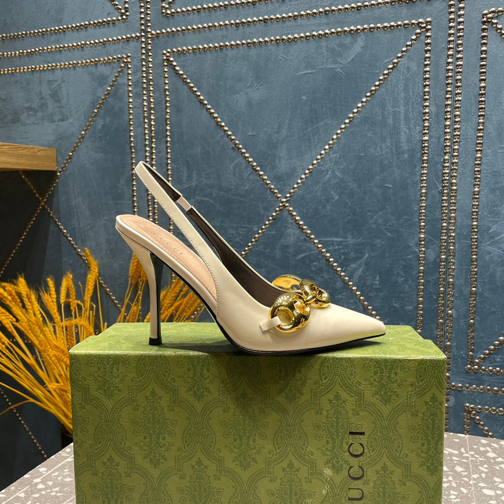 GUCCI WOMEN'S SLINGBACK 10.5 CM IN WHITE CALFSKIN WITH GOLD HARDWARE