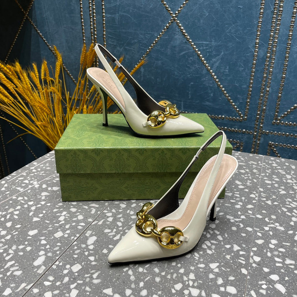 GUCCI WOMEN'S SLINGBACK 10.5 CM IN WHITE CALFSKIN WITH GOLD HARDWARE