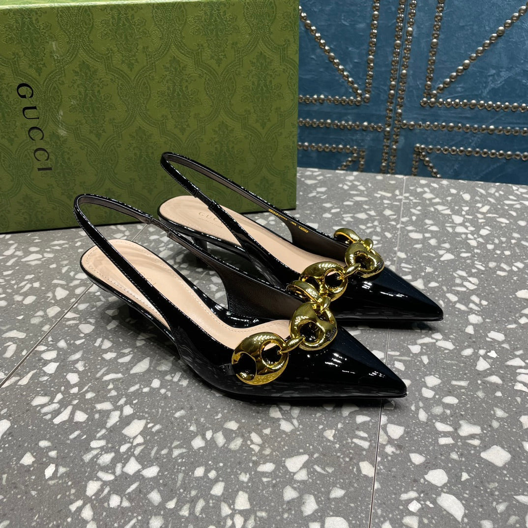 GUCCI WOMEN'S SLINGBACK 45MM IN BLACK CALFSKIN WITH GOLD HARDWARE
