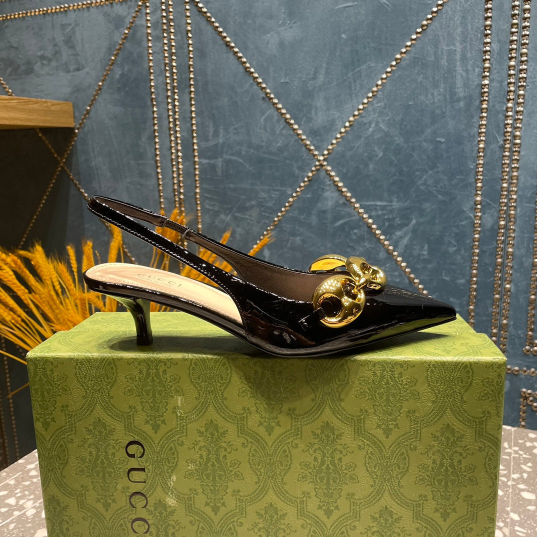 GUCCI WOMEN'S SLINGBACK 45MM IN BLACK CALFSKIN WITH GOLD HARDWARE