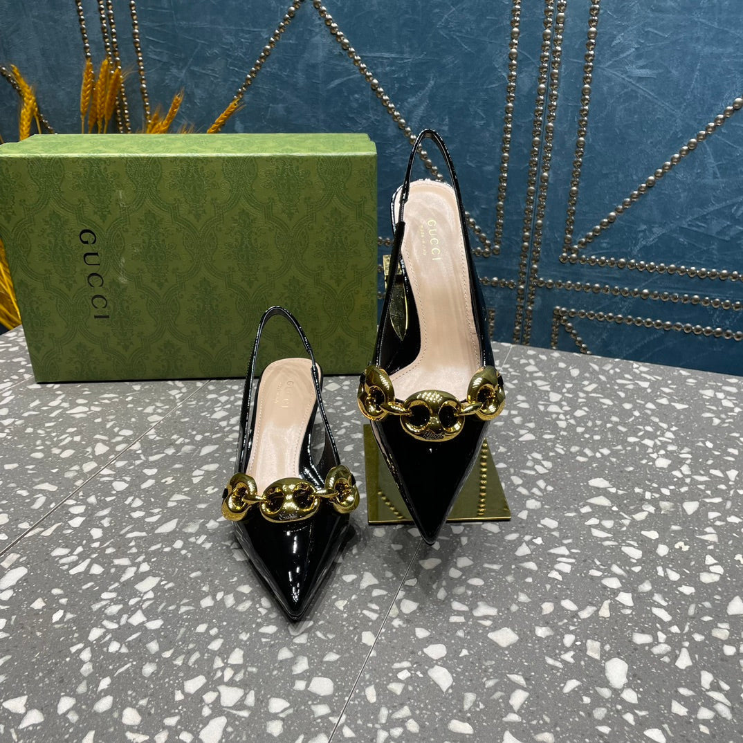 GUCCI WOMEN'S SLINGBACK 45MM IN BLACK CALFSKIN WITH GOLD HARDWARE