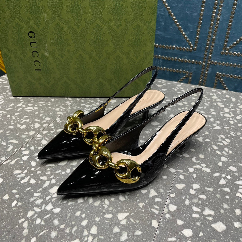 GUCCI WOMEN'S SLINGBACK 45MM IN BLACK CALFSKIN WITH GOLD HARDWARE