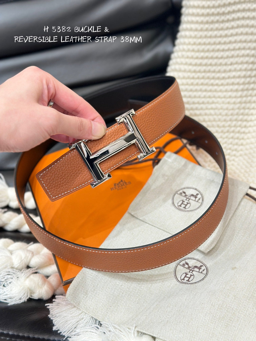 HERMES 5382 BELT SILVER BUCKLE & REVERSIBLE ORANGE LEATHER STRAP 38MM