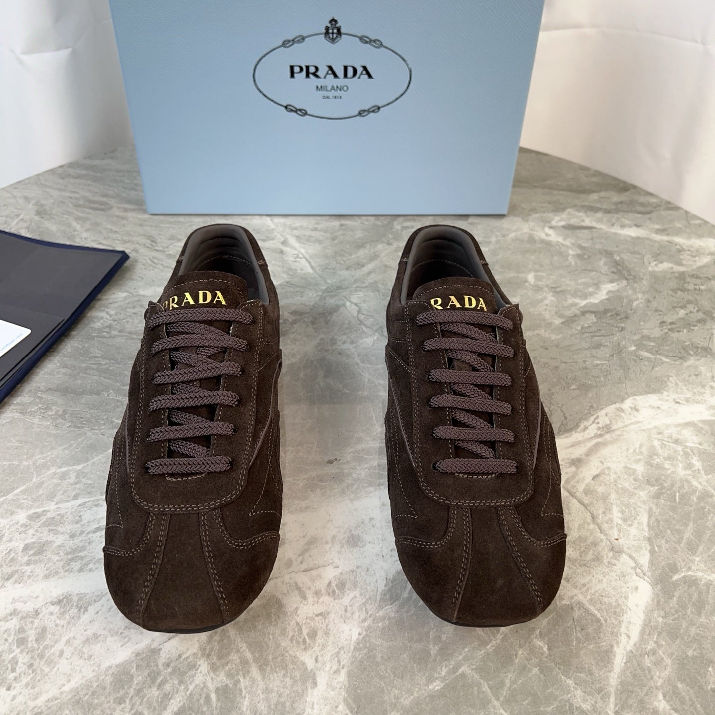 PRADA 25S MONTECARLO ANTIQUED SNEAKERS IN RK BROWN SUEDE