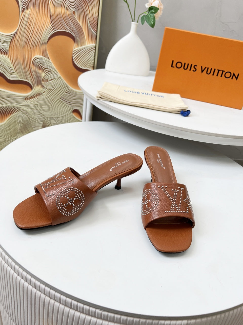 LOUIS VUITTON HIGH MULE IN BRONZE BROWN LAMBSKIN WITH RHINSTONES 55 MM