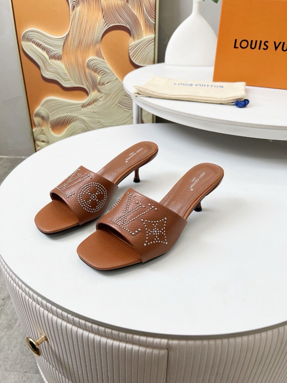LOUIS VUITTON HIGH MULE IN BRONZE BROWN LAMBSKIN WITH RHINSTONES 55 MM