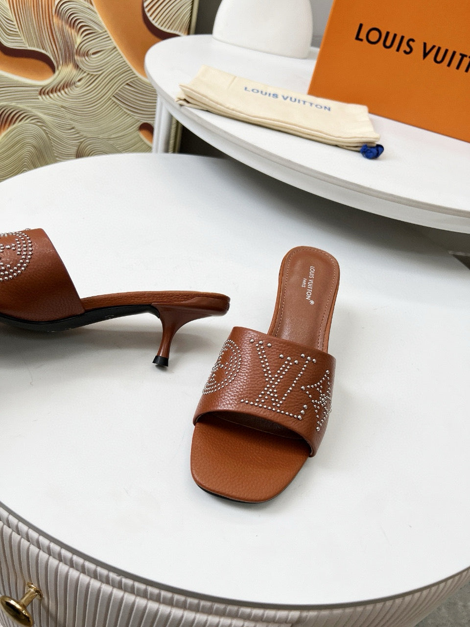 LOUIS VUITTON HIGH MULE IN BRONZE BROWN LAMBSKIN WITH RHINSTONES 55 MM