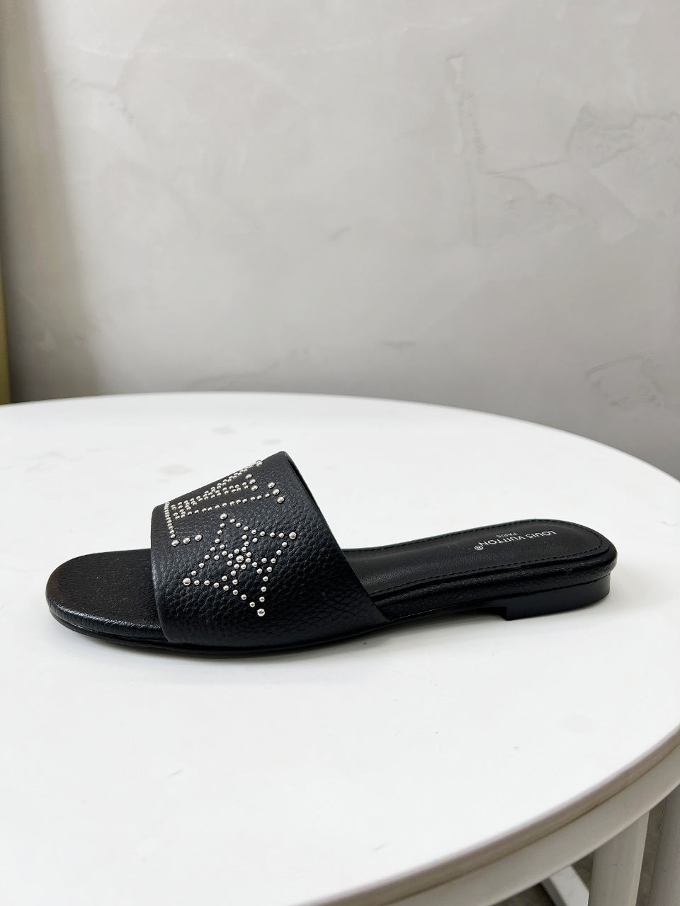 LOUIS VUITTON FLAT SLIDE IN BLACK LAMBSKIN WITH RHINSTONES