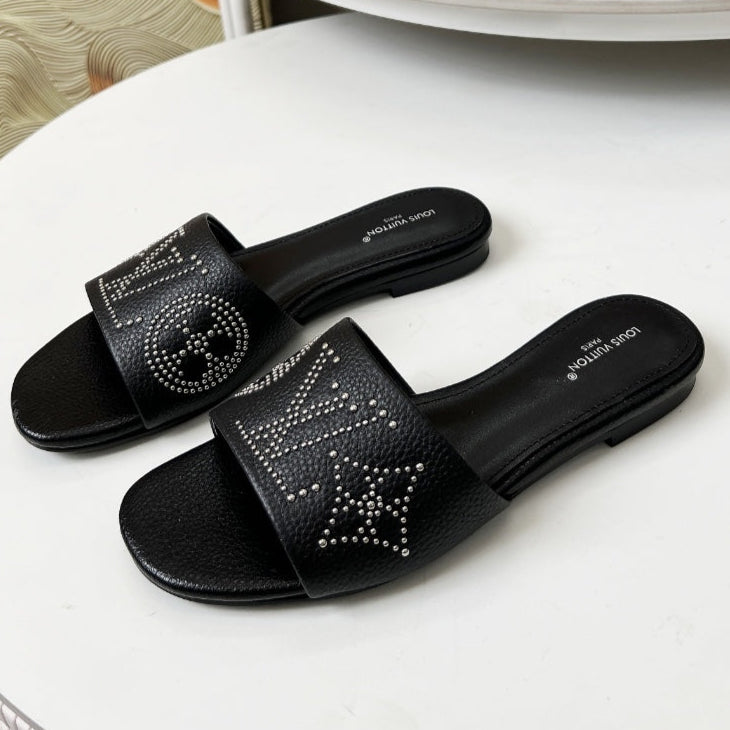 LOUIS VUITTON FLAT SLIDE IN BLACK LAMBSKIN WITH RHINSTONES