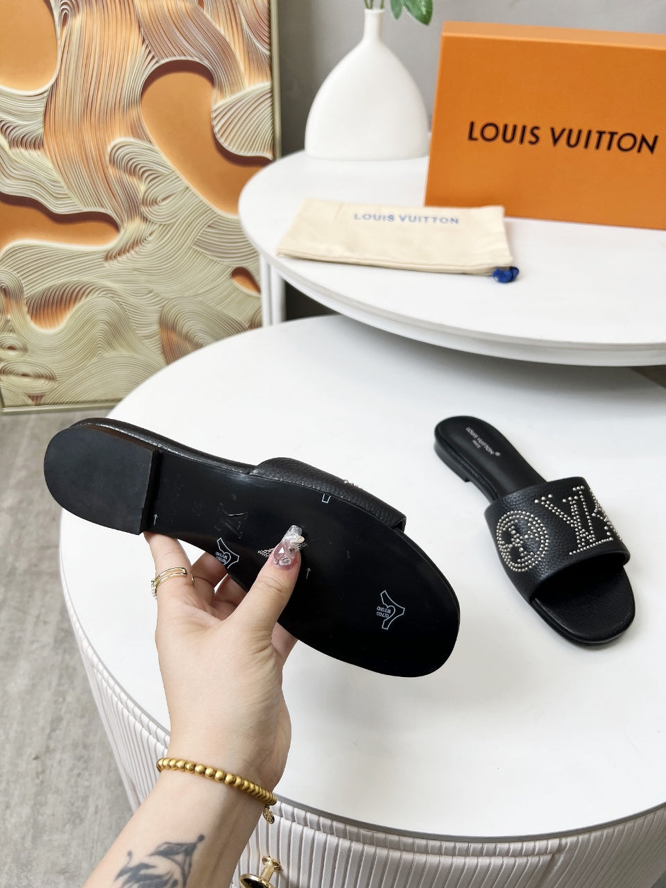 LOUIS VUITTON FLAT SLIDE IN BLACK LAMBSKIN WITH RHINSTONES