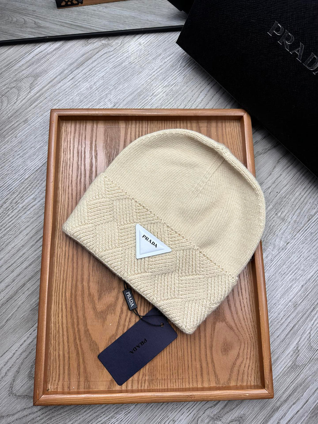 PRADA BEANIE HAT IN BISQUE BEIGE WOOL AND RABBIT FUR 342035