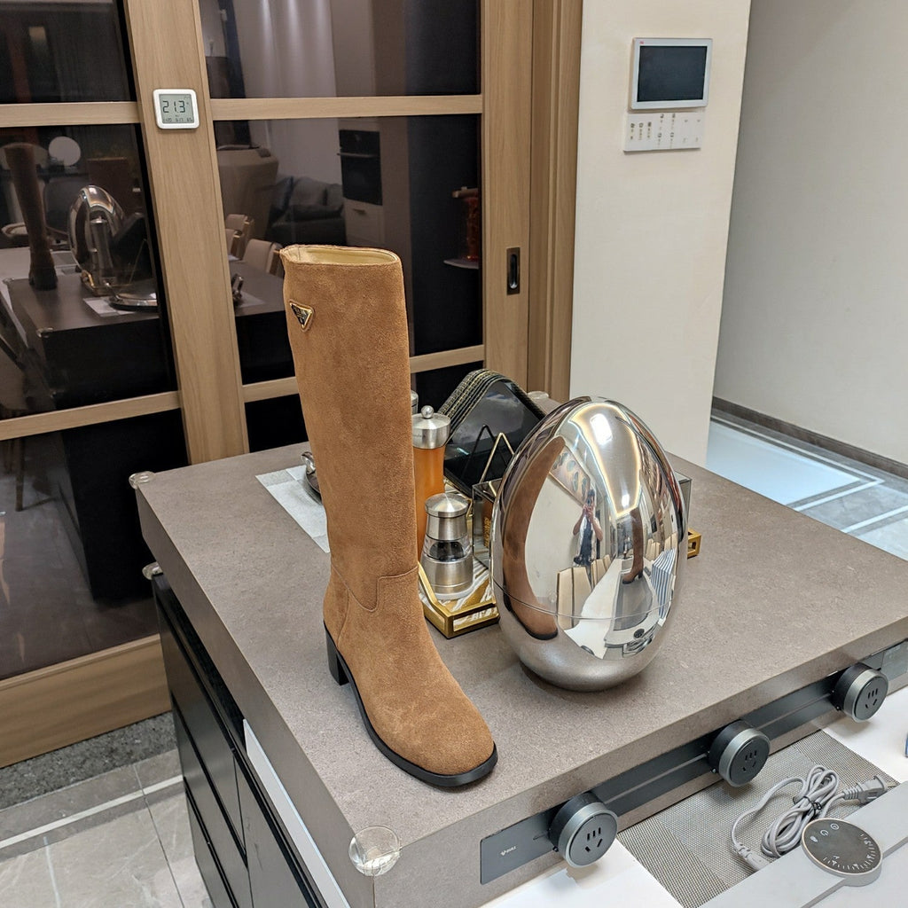 PRADA KNEE BOOTS WITH TRIANGLE LOGO IN CAMEL SUEDE