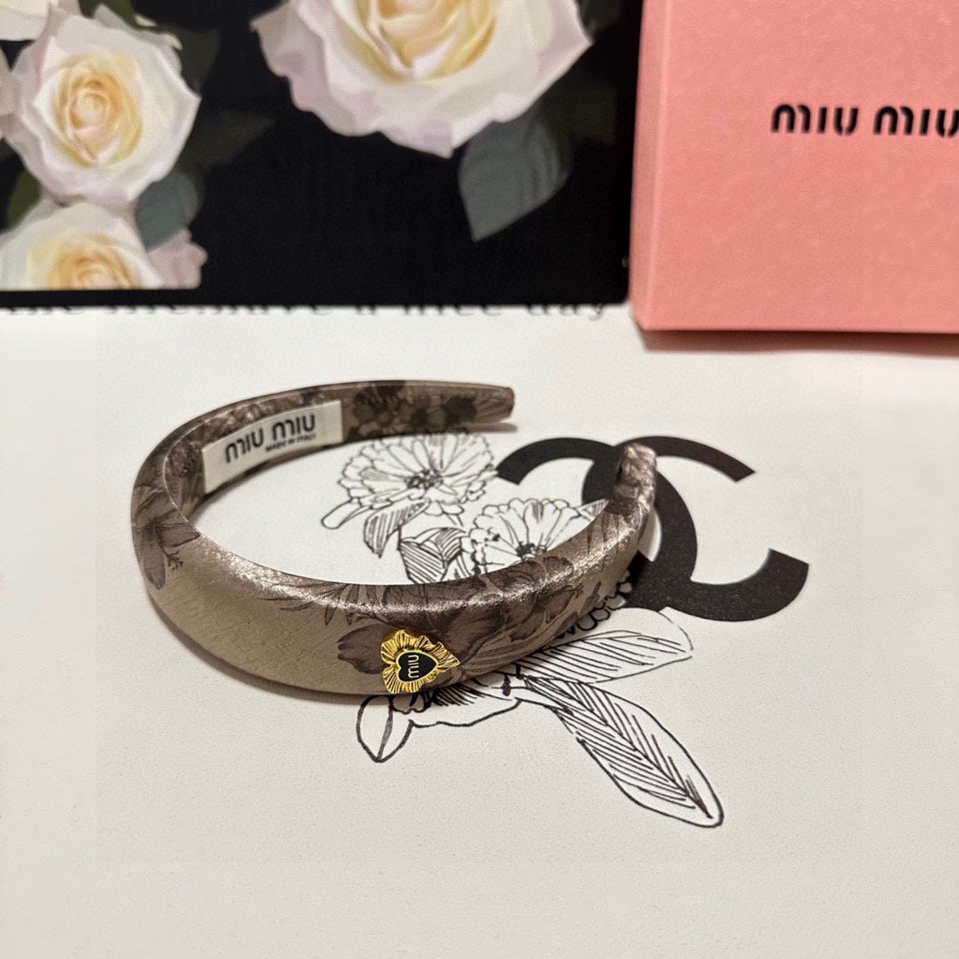 SILK THICK HEADBAND DARK BEIGE FLOWER PRINT 239960