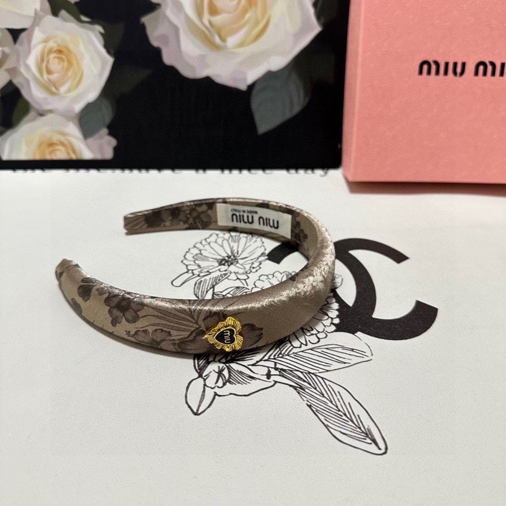 SILK THICK HEADBAND DARK BEIGE FLOWER PRINT 239960