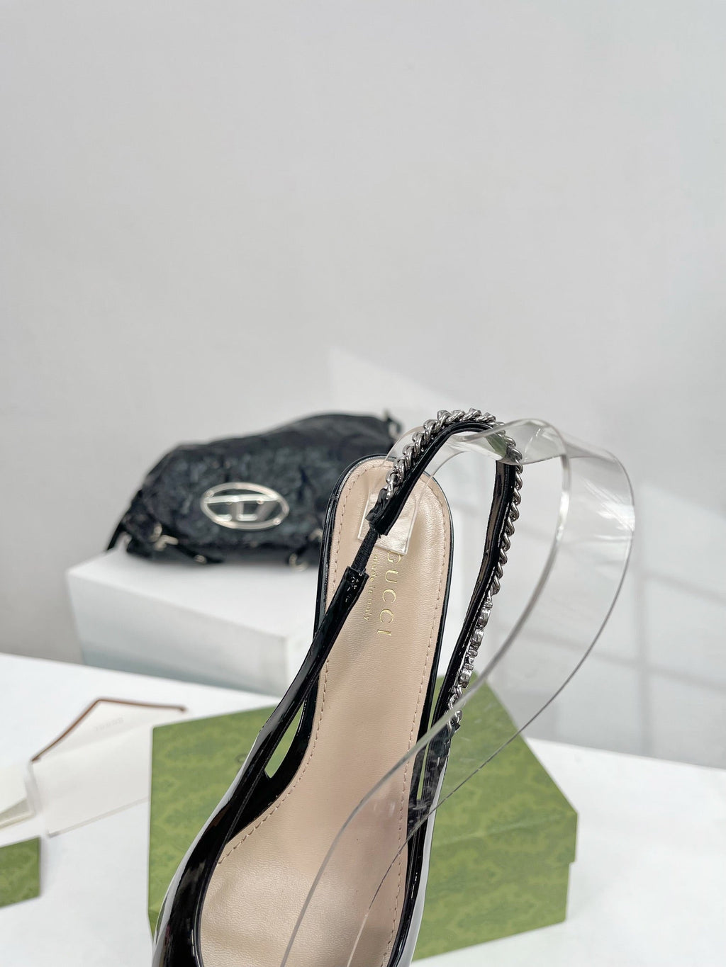 GUCCI SIGNORIA 45 SLINGBACK PUMP GLOSSY BLACK LAMBSKIN
