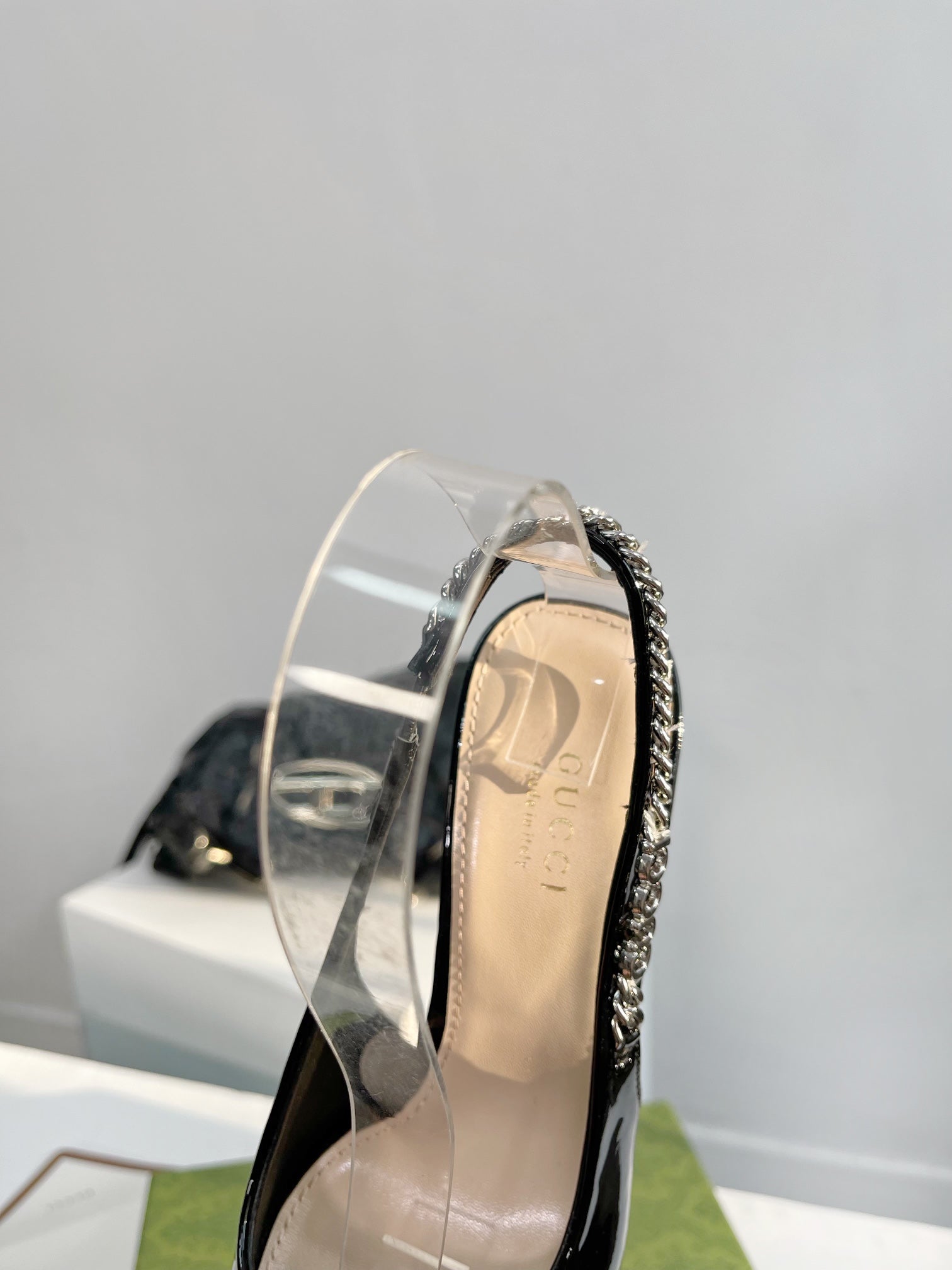 GUCCI SIGNORIA 45 SLINGBACK PUMP GLOSSY BLACK LAMBSKIN
