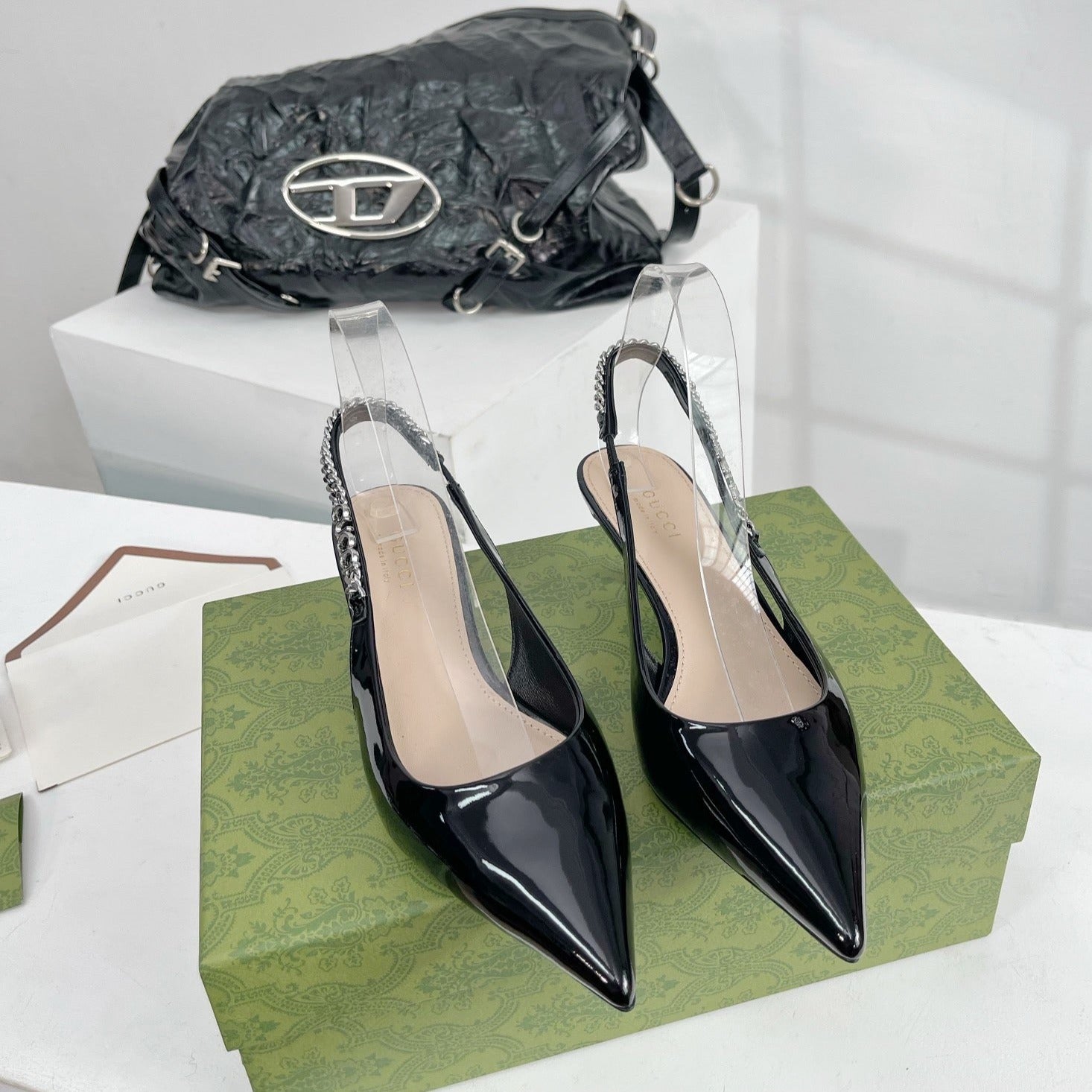 GUCCI SIGNORIA 45 SLINGBACK PUMP GLOSSY BLACK LAMBSKIN