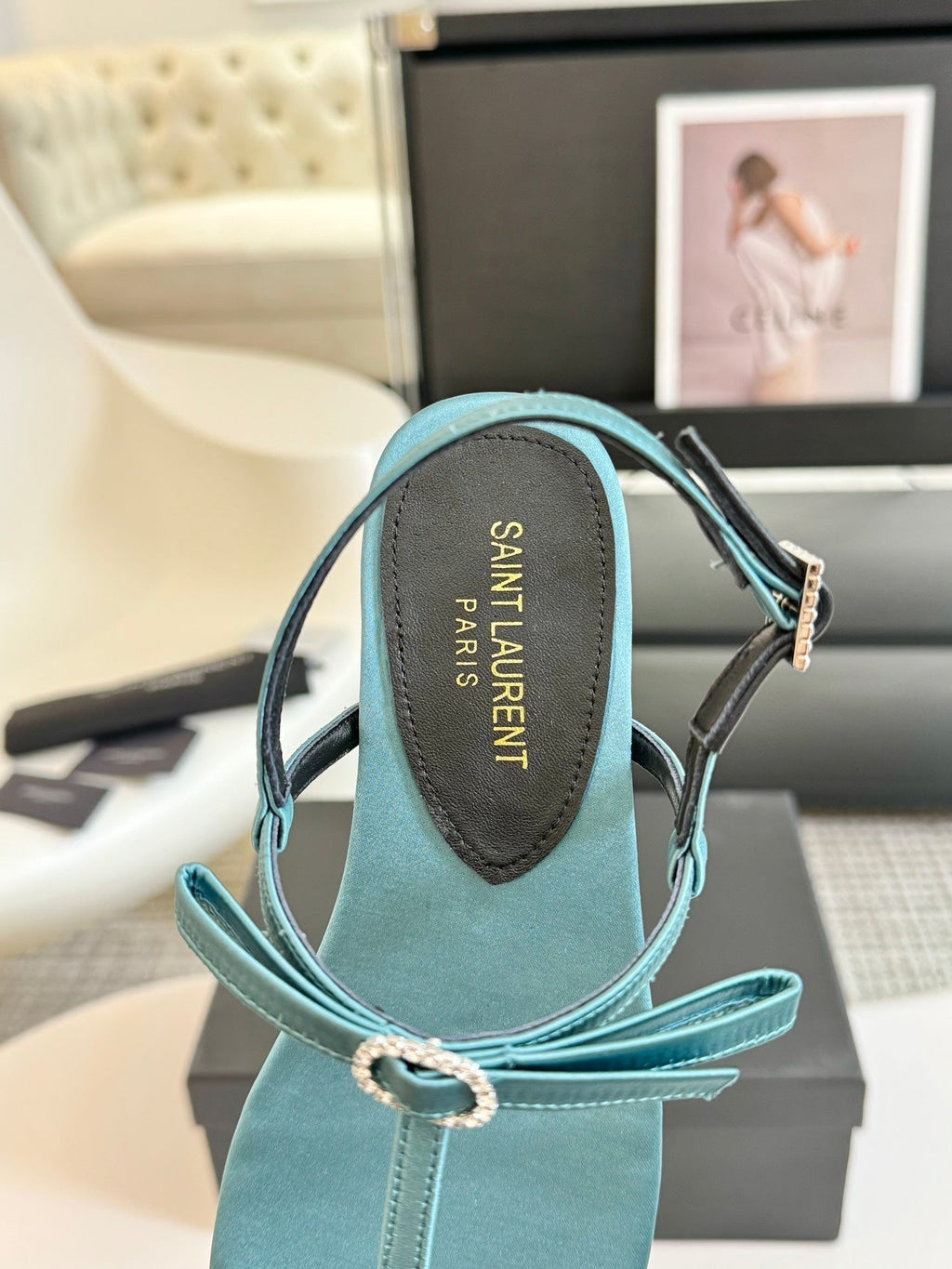 SL CRYSTAL T-STRAP FLAT SANDAL SAPPHIRE SATIN