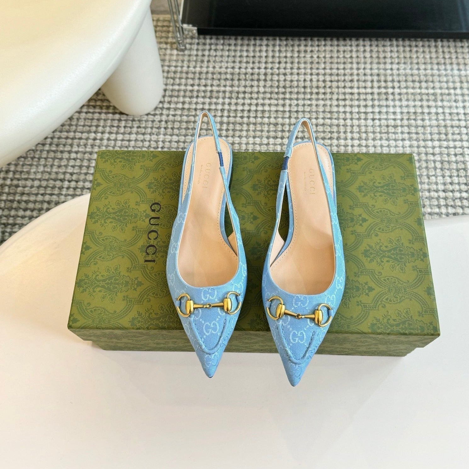 GUCCI HORSEBIT SLINGBACK BALLET FLAT SKY CANVAS