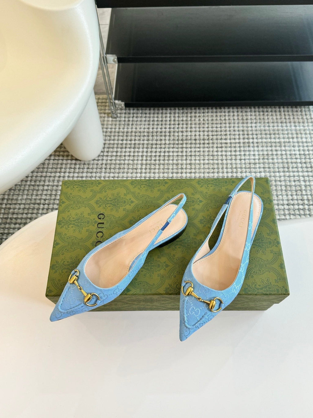 GUCCI HORSEBIT SLINGBACK BALLET FLAT SKY CANVAS