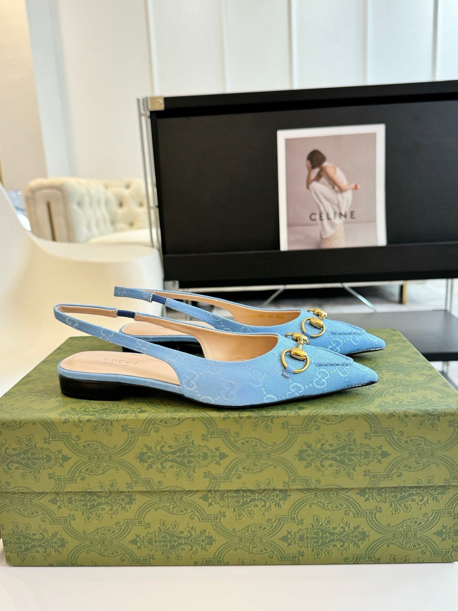 GUCCI HORSEBIT SLINGBACK BALLET FLAT SKY CANVAS