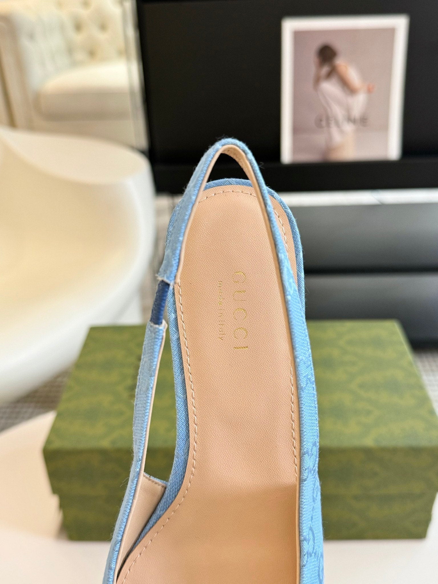 GUCCI HORSEBIT SLINGBACK BALLET FLAT SKY CANVAS