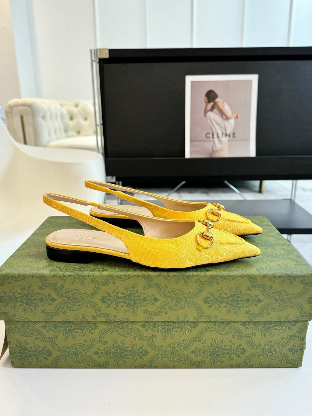 GUCCI HORSEBIT SLINGBACK BALLET FLAT LEMON CANVAS