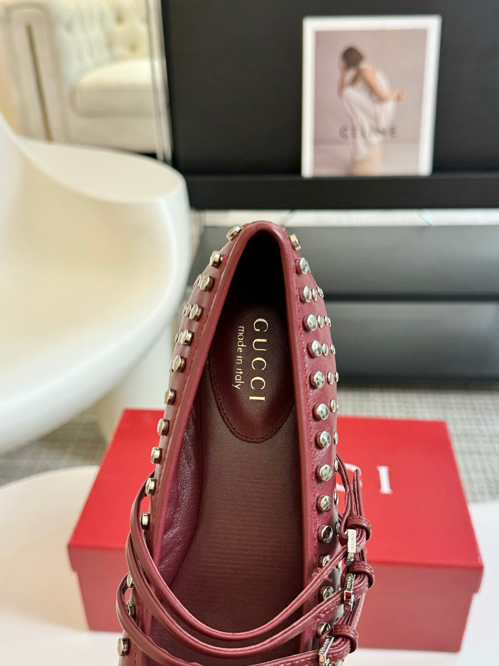 GUCCI RIVETS BALLET FLAT GARNET HORIZONTAL STRAPS LAMBSKIN