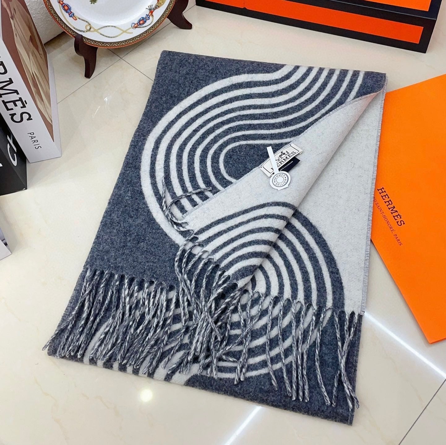 HERMES SCARF 180 CM IN SHARK GREY MIX WHITE CASERE