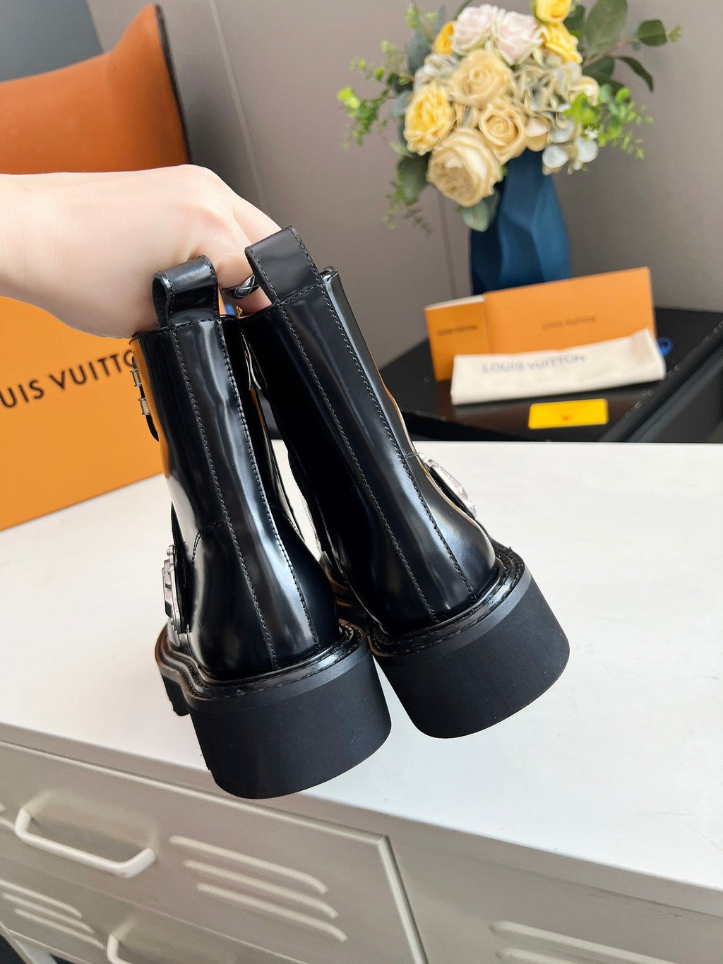 LOUIS VUITTON LV WOMEN'S BEAUBOURG ANKLE BOOT IN GLOSSY BLACK CALFSKIN