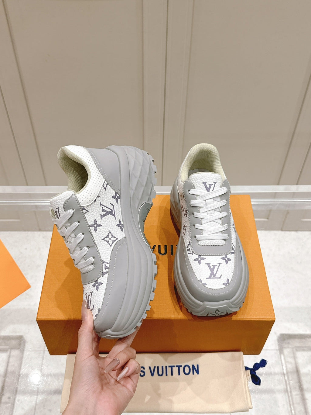 LOUIS VUITTON RUN AWAY SNEAKER IN DOVE GRAY MIX WHITE CALFSKIN