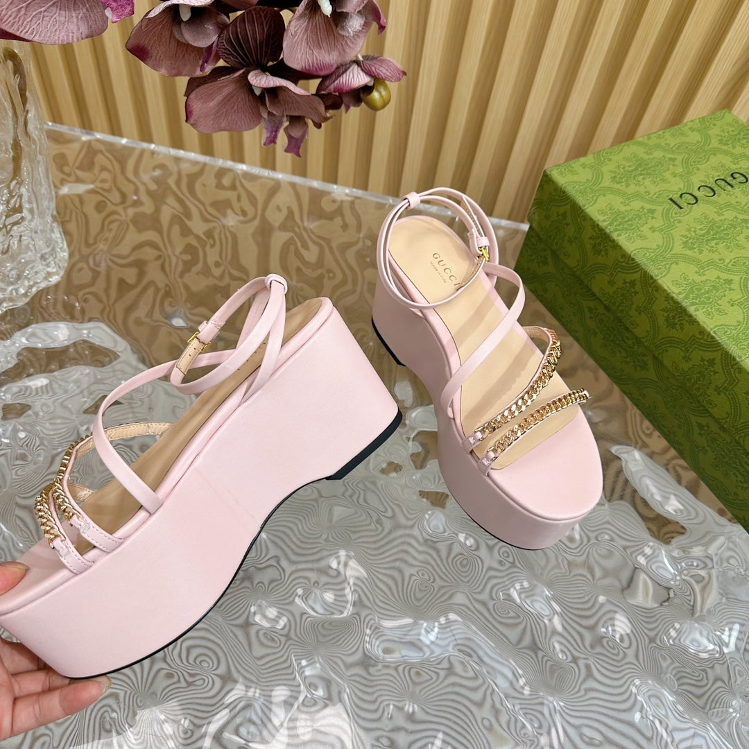 GUCCI PLATFORM SANDAL PASTEL PINK CALFSKIN WITH CHAINS