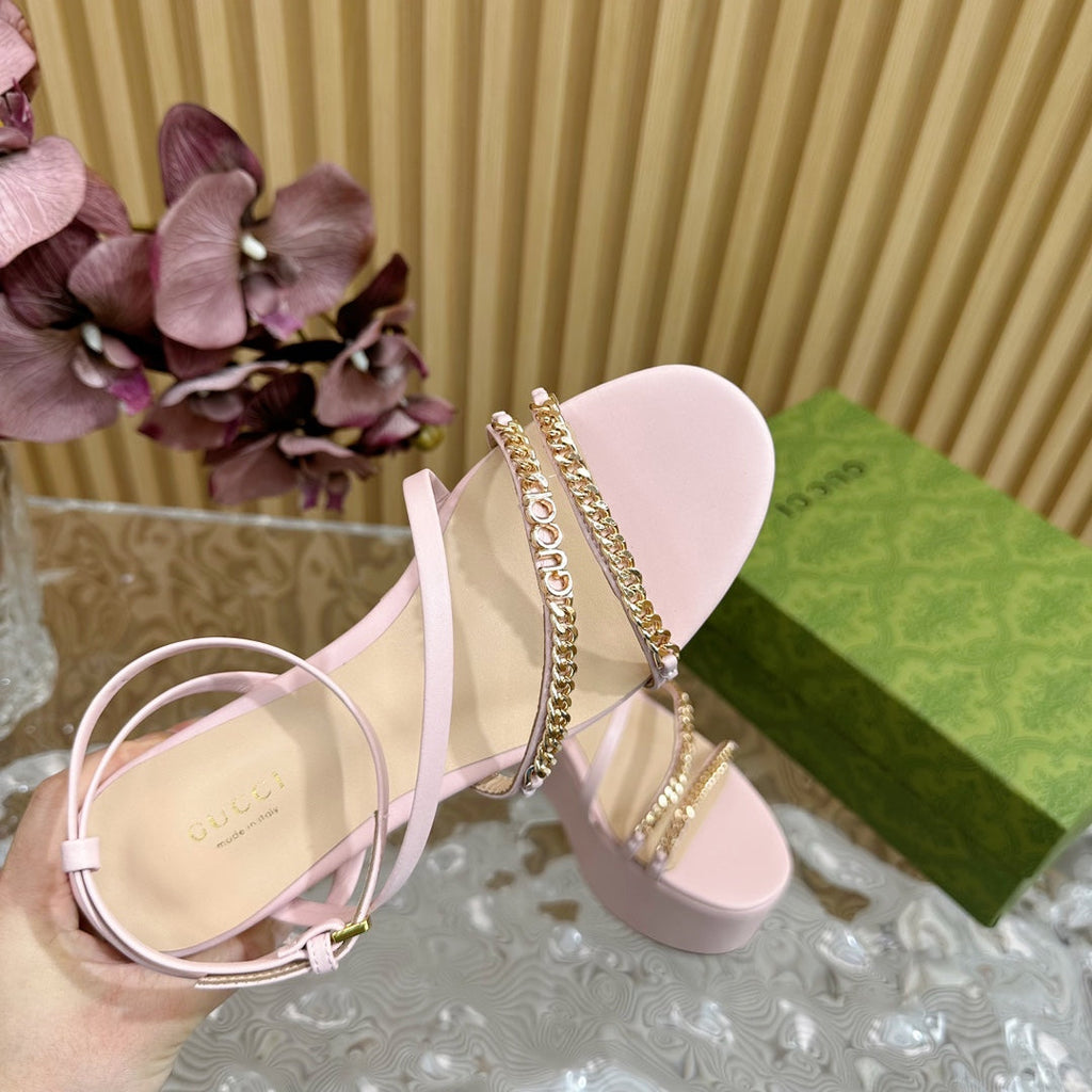 GUCCI PLATFORM SANDAL PASTEL PINK CALFSKIN WITH CHAINS