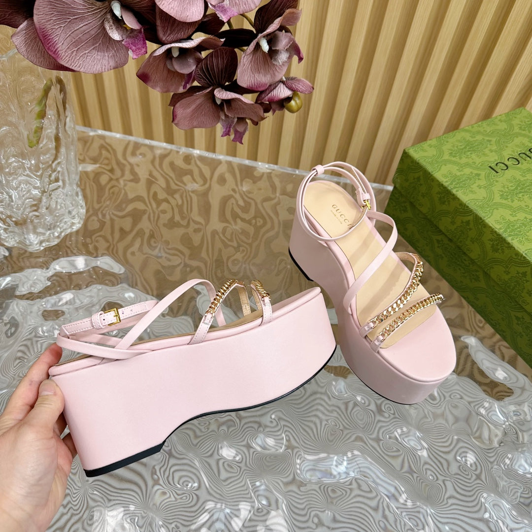 GUCCI PLATFORM SANDAL PASTEL PINK CALFSKIN WITH CHAINS