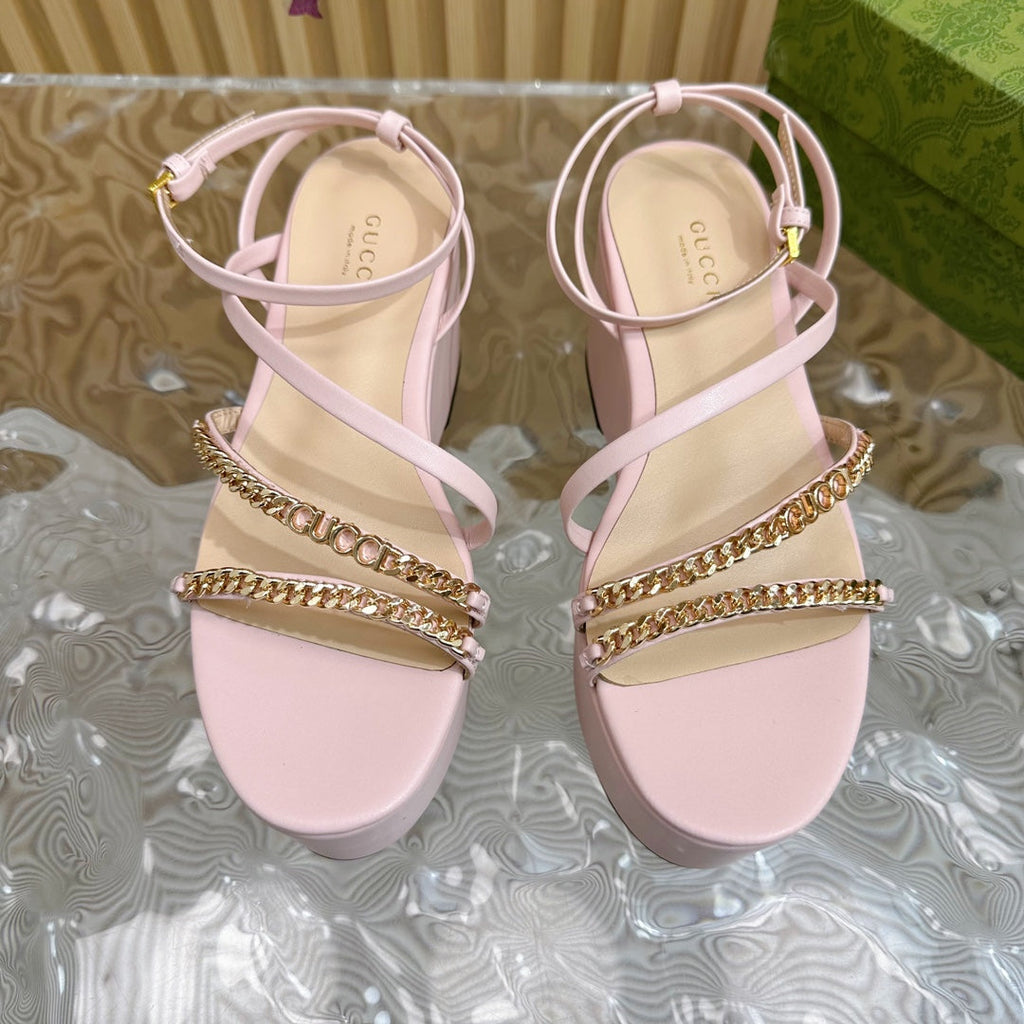 GUCCI PLATFORM SANDAL PASTEL PINK CALFSKIN WITH CHAINS