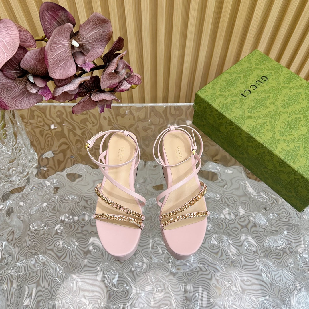GUCCI PLATFORM SANDAL PASTEL PINK CALFSKIN WITH CHAINS