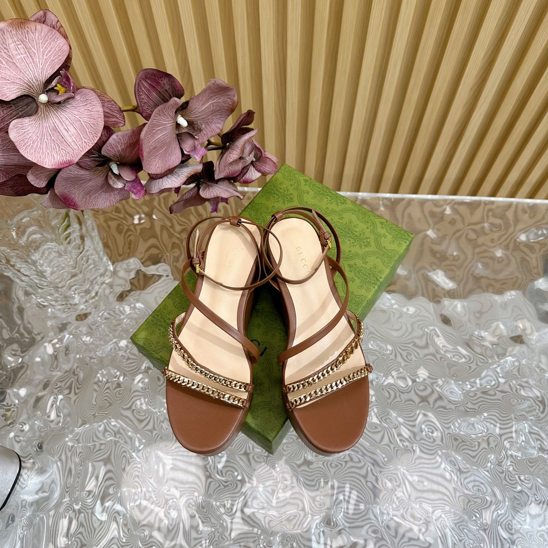 GUCCI PLATFORM SANDAL CARAMEL CALFSKIN WITH CHAINS