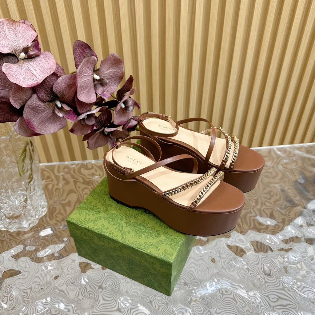 GUCCI PLATFORM SANDAL CARAMEL CALFSKIN WITH CHAINS