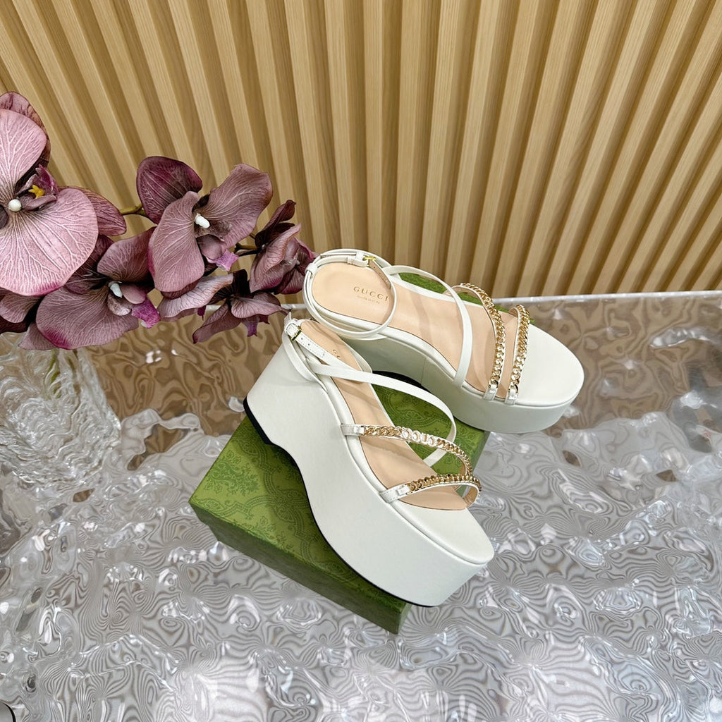 GUCCI PLATFORM SANDAL WHITE CALFSKIN WITH CHAINS