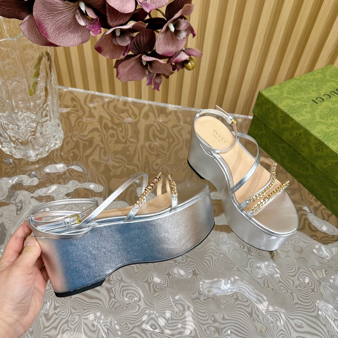 GUCCI PLATFORM SANDAL SILVER CALFSKIN WITH CHAINS