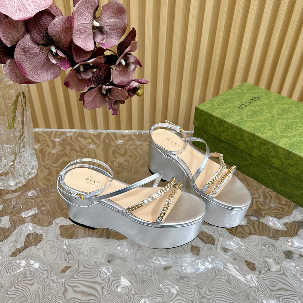 GUCCI PLATFORM SANDAL SILVER CALFSKIN WITH CHAINS