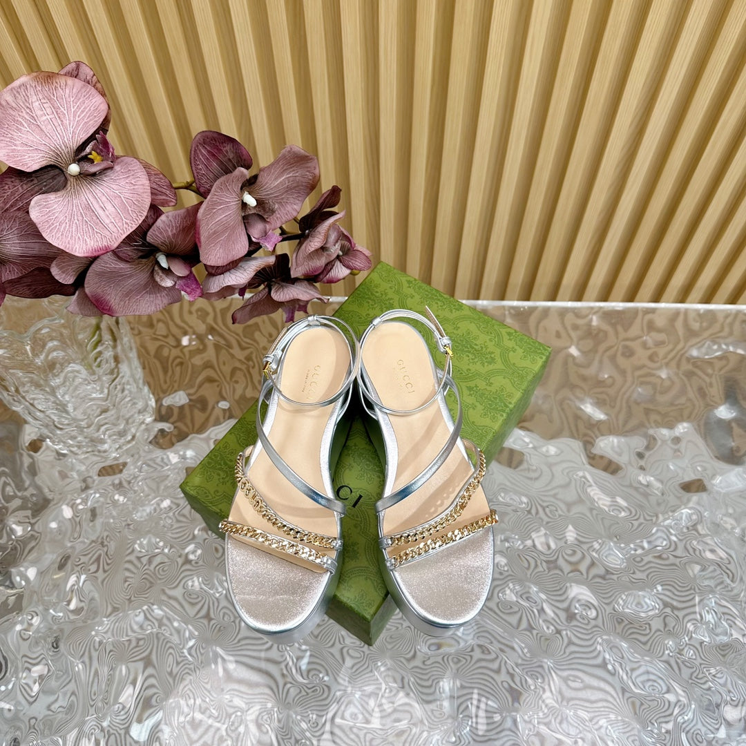 GUCCI PLATFORM SANDAL SILVER CALFSKIN WITH CHAINS