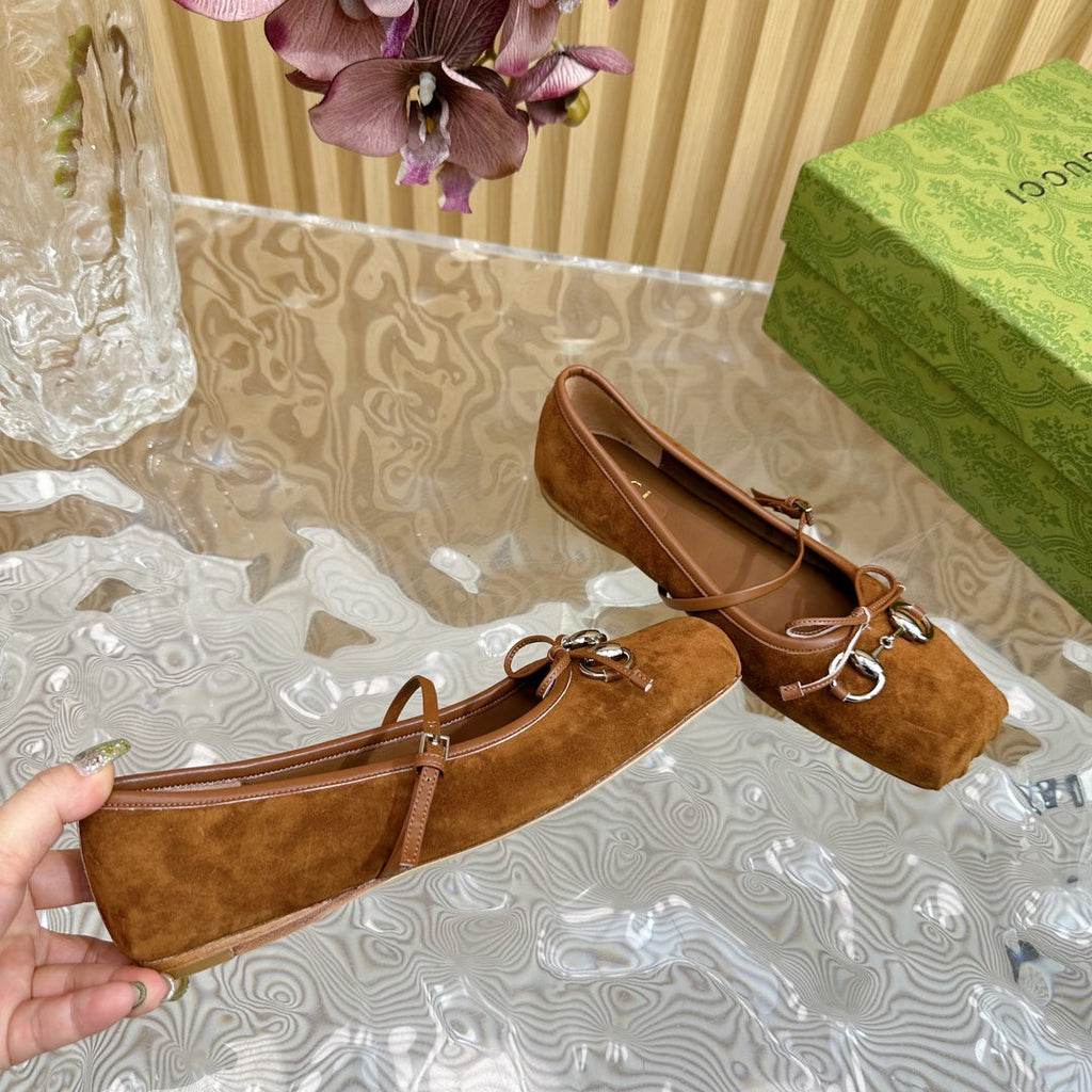 GUCCI BALLET FLAT IN BRONZE BROWN SUEDE WITH SILVER HARDWARE
