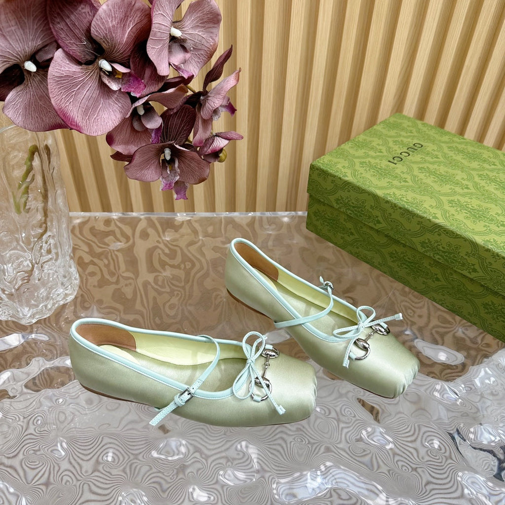 GUCCI BALLET FLAT IN JADE GREEN SILK WITH SILVER HARDWARE
