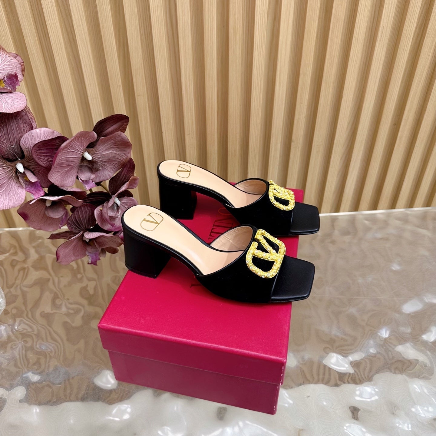 VALENTINO 25S HIGH-HEEL MULES 60 MM IN BLACK VELVET AND CALFSKIN WITH GOLD HARDWARE
