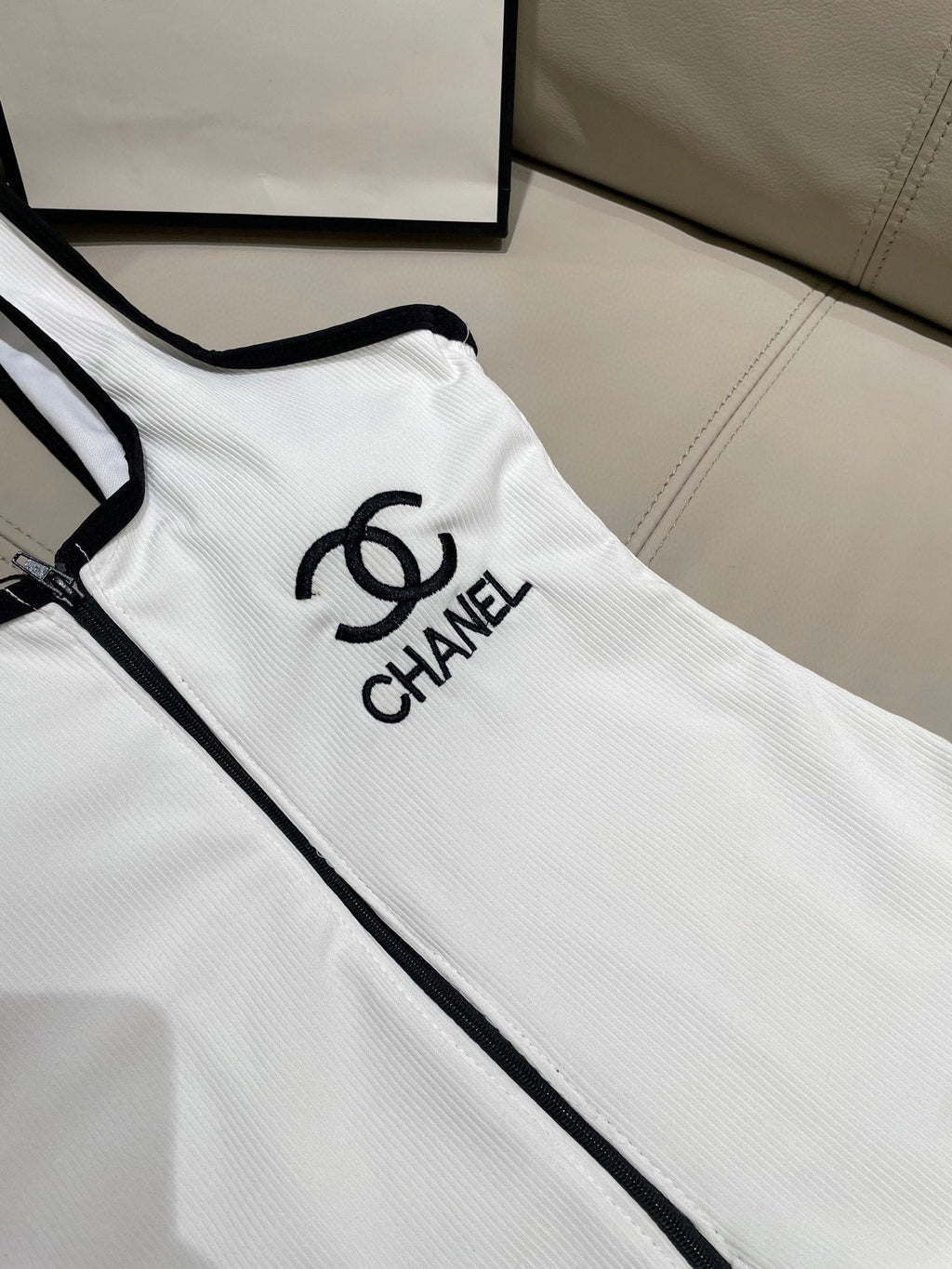 CHANEL BIKINI SWIMSUIT SET IN WHITE AND BLACK TRIM 604254
