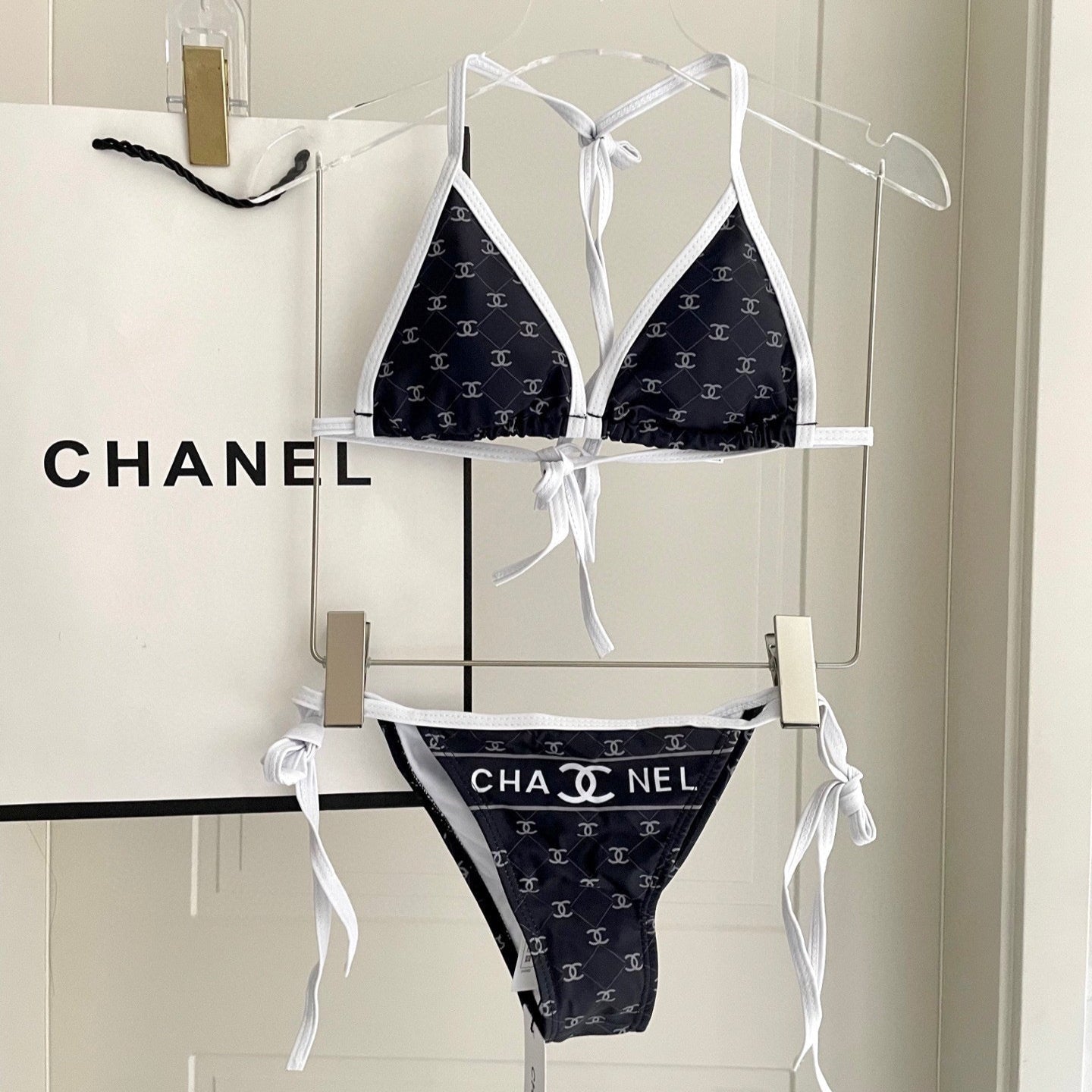 CHANEL BIKINI SWIMSUIT SET IN BLACK AND WHITE TRIM WHITE LOGO PRINTED 608921